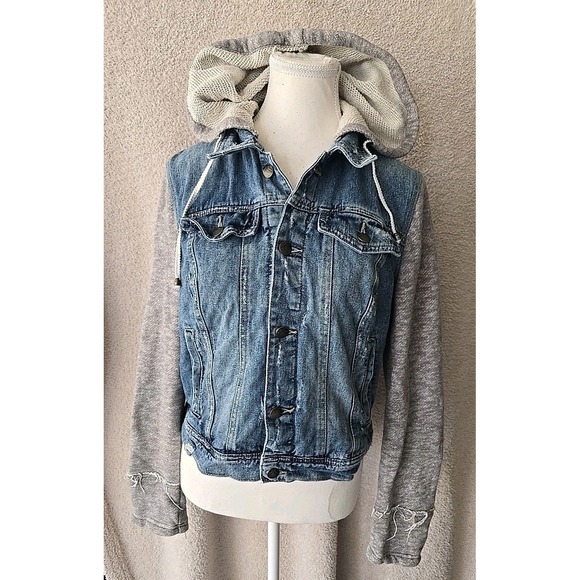 Free People Denim Distressed Hooded Jean /Knit Jacket Coat Women's Size M - Picture 1 of 14